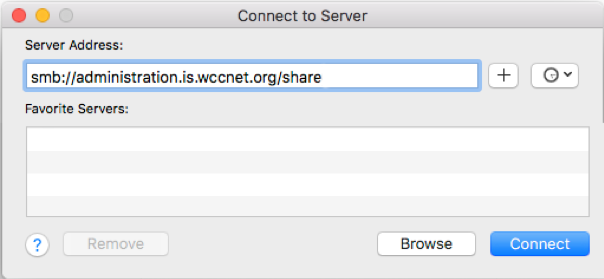 Type address of the server: smb://administration.is.wccnet.org/share