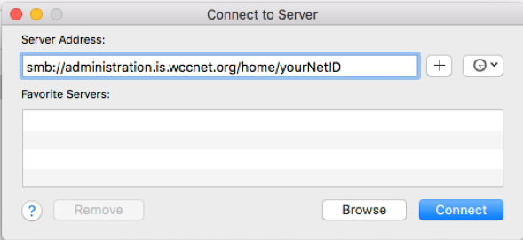 For H-Drive access: smb://administration.is.wccnet.org/home/yourNetID