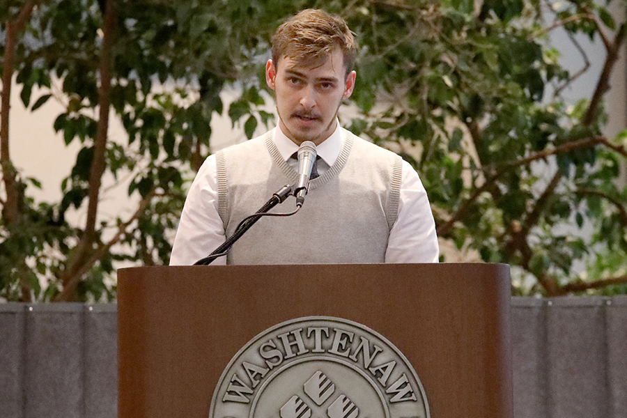 David Seaman speaking at a podium