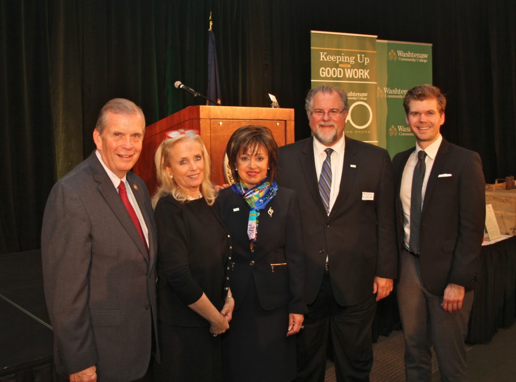 From left, Congressman Tim Walberg, Congresswoman Debbie Dingell, WCC President Dr. Rose B. Bellanca, WCC Board of Trustees Chair Richard J. Landau, J.D., PhD., and State Representative Adam Zemke at the President’s Leadership Appreciation Lunch. (Photo by Lynn Monson)