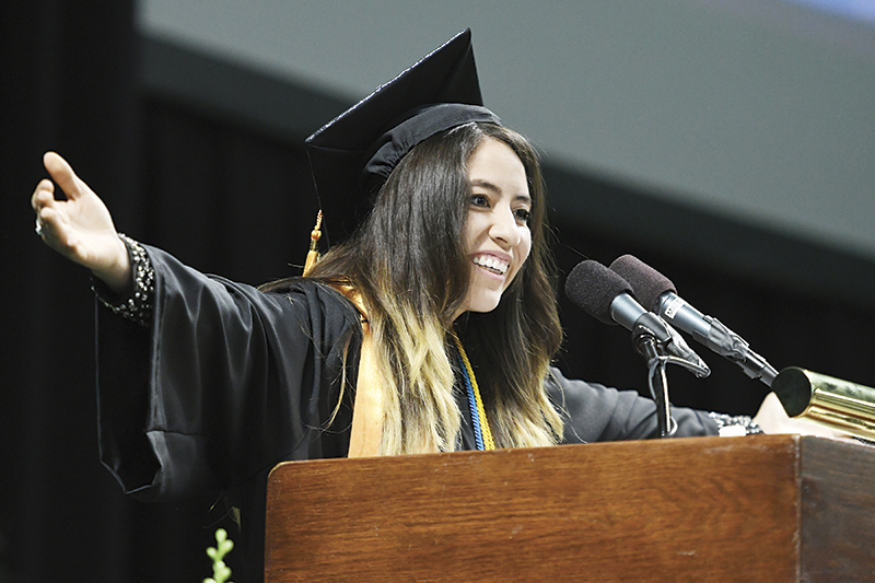 Commencement student speaker Paula Salazar addresses her fellow Washtenaw Community College graduates.  | Photo by Lon Horwedel